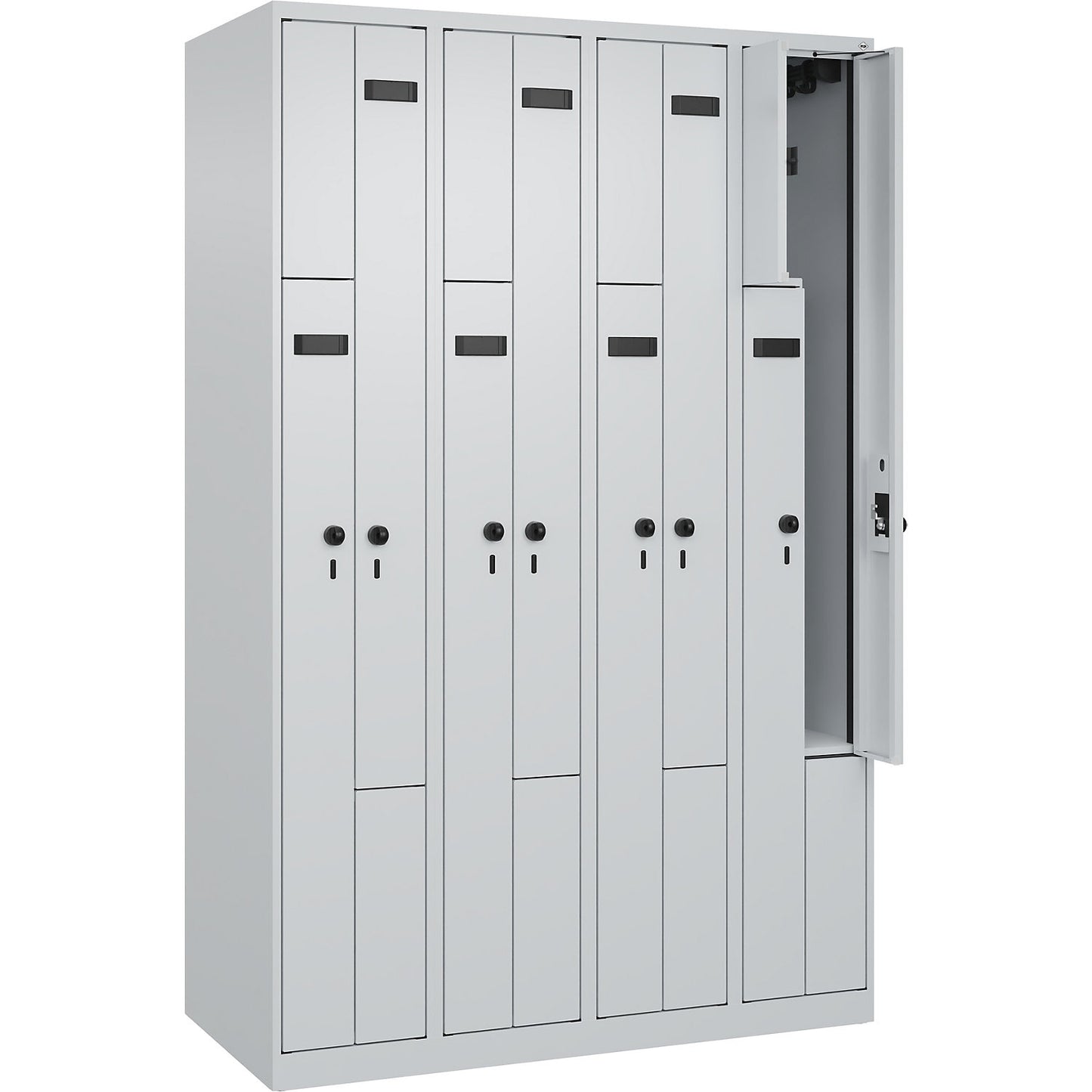 Evolo PLUS Z-locker, 4 compartments, light grey, W 1200 mm, 8 compartments, with floor glides, security rotary bolt.