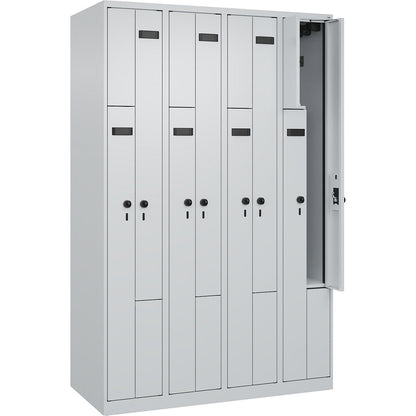 Evolo PLUS Z-locker, 4 compartments, light grey, W 1200 mm, 8 compartments, with floor glides, security rotary bolt.