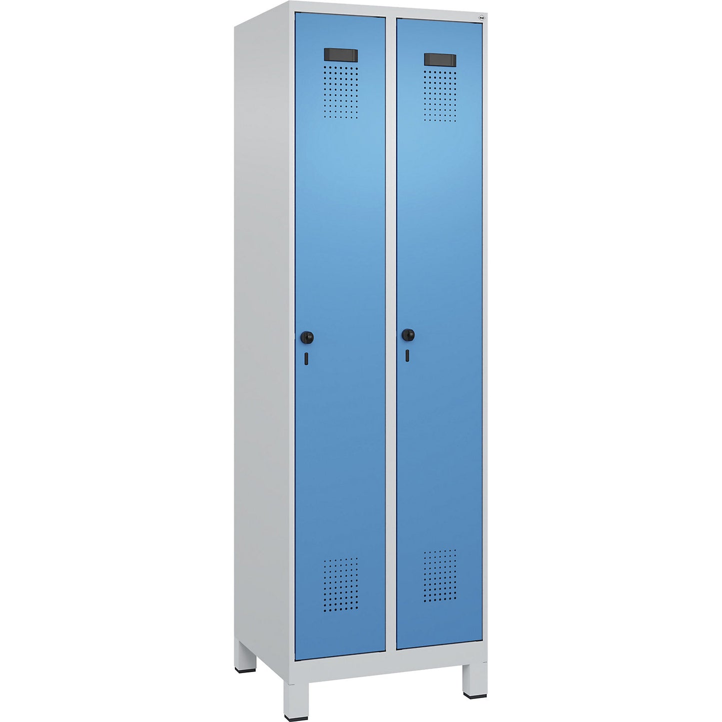 Evolo PLUS clean and dirty clothes locker, narrow, 2 compartments, shortened centre divider, light grey / light blue, W 600 mm, with wide feet, security rotary bolt.