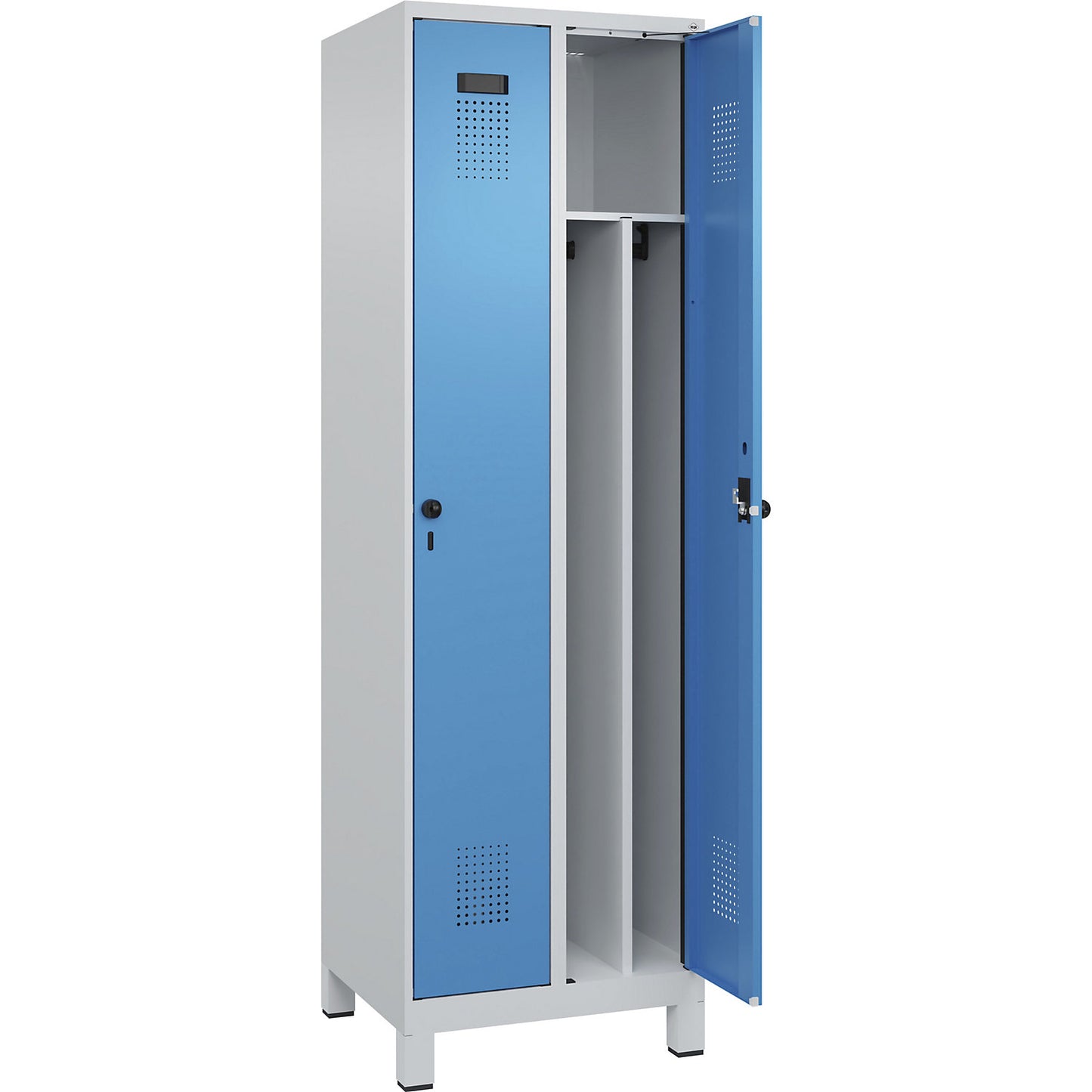 Evolo PLUS clean and dirty clothes locker, narrow, 2 compartments, shortened centre divider, light grey / light blue, W 600 mm, with wide feet, security rotary bolt.