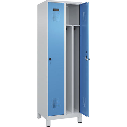 Evolo PLUS clean and dirty clothes locker, narrow, 2 compartments, shortened centre divider, light grey / light blue, W 600 mm, with wide feet, security rotary bolt.