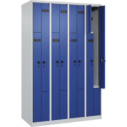 Evolo PLUS Z-locker, 4 compartments, light grey / gentian blue, W 1200 mm, 8 compartments, with floor glides, security rotary bolt.