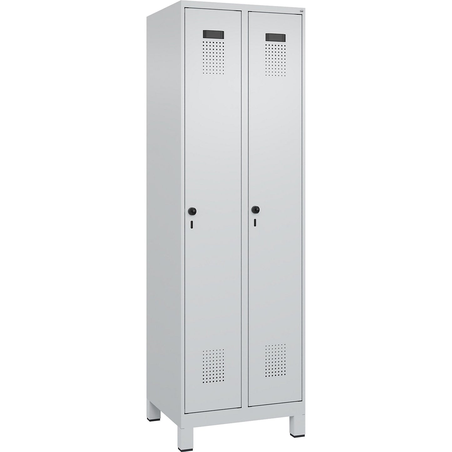 Evolo PLUS clean and dirty clothes locker, narrow, 2 compartments, shortened centre divider, light grey, W 600 mm, with wide feet, security rotary bolt.