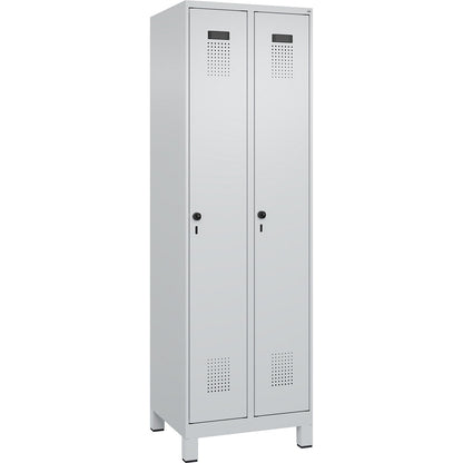 Evolo PLUS clean and dirty clothes locker, narrow, 2 compartments, shortened centre divider, light grey, W 600 mm, with wide feet, security rotary bolt.