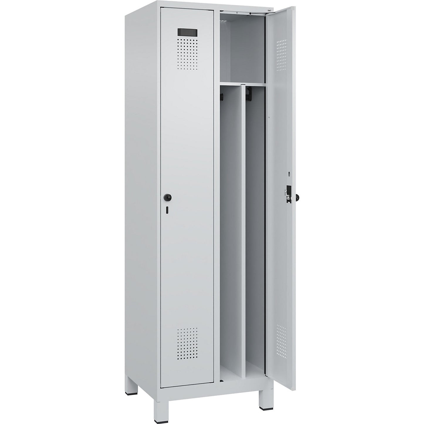 Evolo PLUS clean and dirty clothes locker, narrow, 2 compartments, shortened centre divider, light grey, W 600 mm, with wide feet, security rotary bolt.