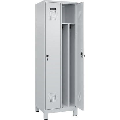 Evolo PLUS clean and dirty clothes locker, narrow, 2 compartments, shortened centre divider, light grey, W 600 mm, with wide feet, security rotary bolt.