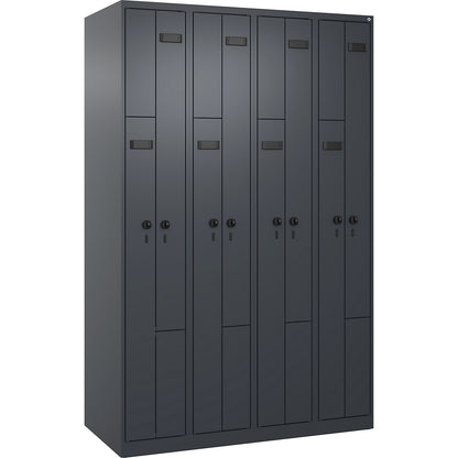 Evolo PLUS Z-locker, 4 compartments, grey, W 1200 mm, 8 compartments, with floor glides, security rotary bolt.