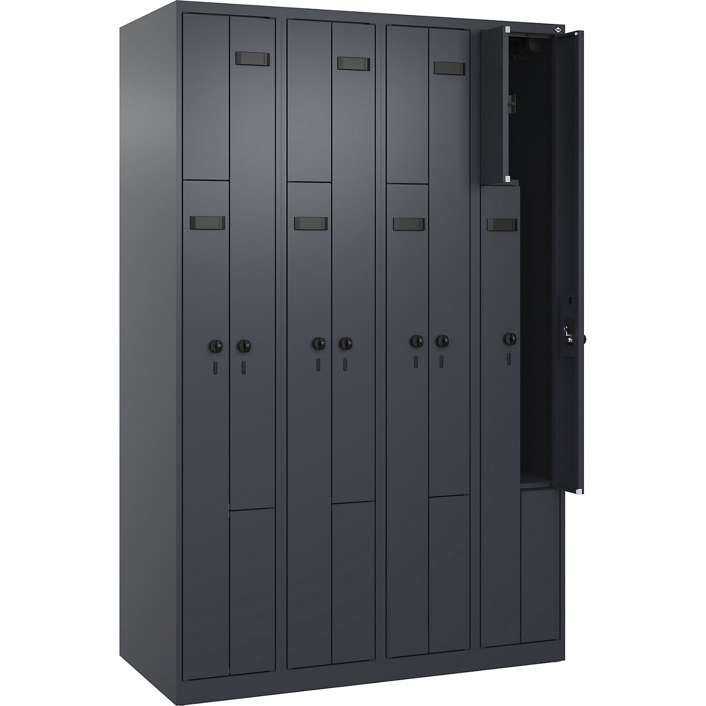 Evolo PLUS Z-locker, 4 compartments, grey, W 1200 mm, 8 compartments, with floor glides, security rotary bolt.