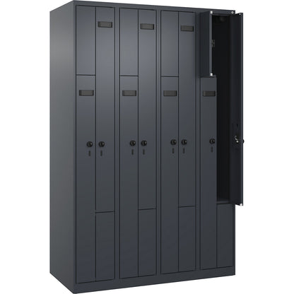 Evolo PLUS Z-locker, 4 compartments, grey, W 1200 mm, 8 compartments, with floor glides, security rotary bolt.