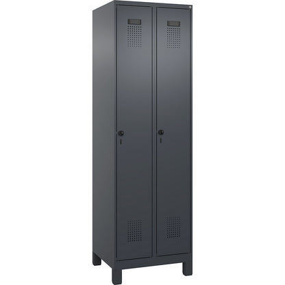 Evolo PLUS clean and dirty clothes locker, narrow, 2 compartments, shortened centre divider, grey, W 600 mm, with wide feet, security rotary bolt.