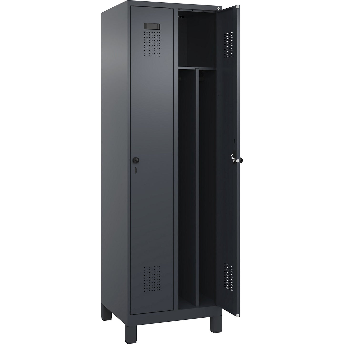 Evolo PLUS clean and dirty clothes locker, narrow, 2 compartments, shortened centre divider, grey, W 600 mm, with wide feet, security rotary bolt.