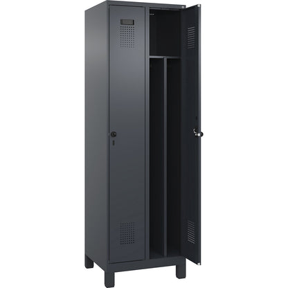 Evolo PLUS clean and dirty clothes locker, narrow, 2 compartments, shortened centre divider, grey, W 600 mm, with wide feet, security rotary bolt.