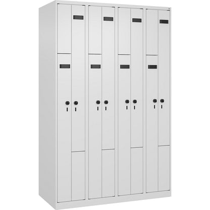 Evolo PLUS Z-locker, 4 compartments, white, W 1200 mm, 8 compartments, with floor glides, security rotary bolt.
