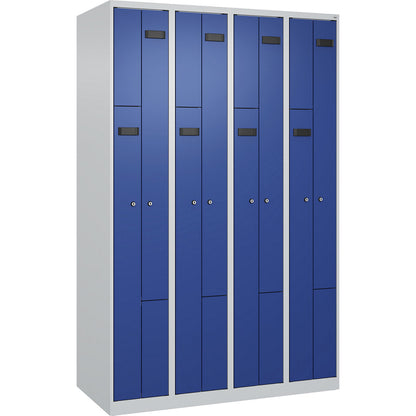 Evolo PLUS Z-locker, 4 compartments, light grey / gentian blue, W 1200 mm, 8 compartments, with floor glides, cylinder lock.