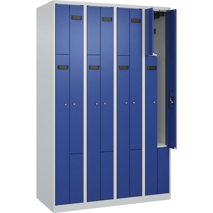 Evolo PLUS Z-locker, 4 compartments, light grey / gentian blue, W 1200 mm, 8 compartments, with floor glides, cylinder lock.