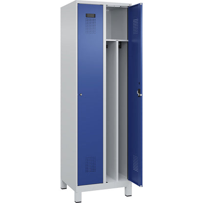 Evolo PLUS clean and dirty clothes locker, narrow, 2 compartments, shortened centre divider, light grey / gentian blue, W 600 mm, with wide feet, cylinder lock.