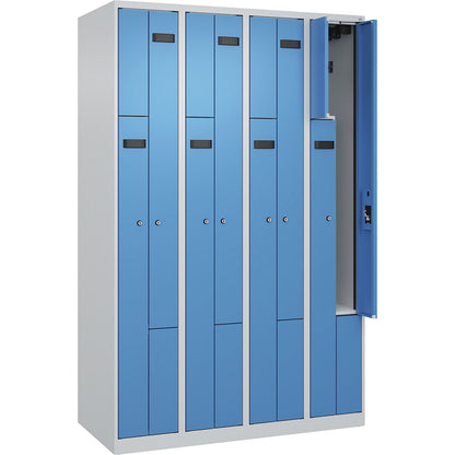 Evolo PLUS Z-locker, 4 compartments, light grey / light blue, W 1200 mm, 8 compartments, with floor glides, cylinder lock.