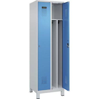 Evolo PLUS clean and dirty clothes locker, narrow, 2 compartments, shortened centre divider, light grey / light blue, W 600 mm, with wide feet, cylinder lock.