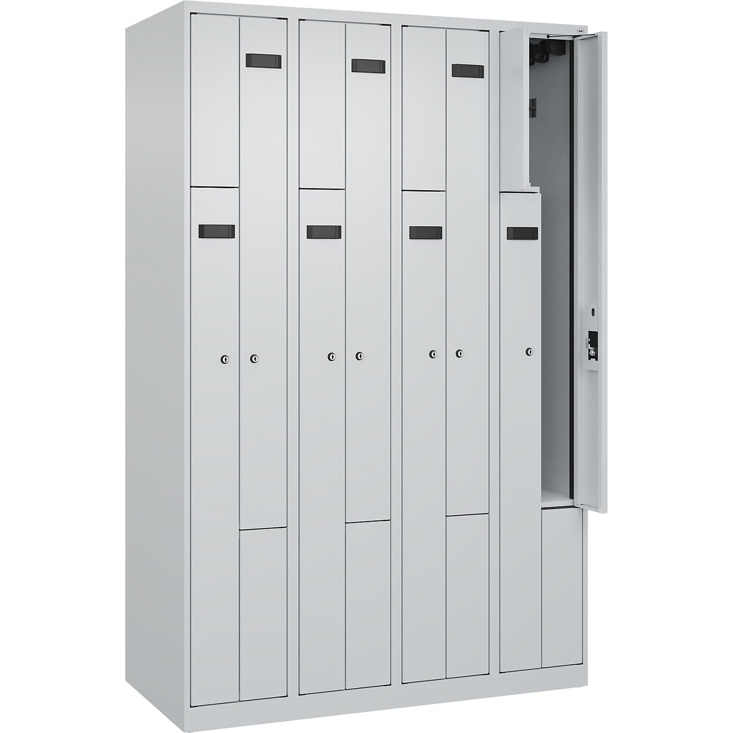 Evolo PLUS Z-locker, 4 compartments, light grey, W 1200 mm, 8 compartments, with floor glides, cylinder lock.