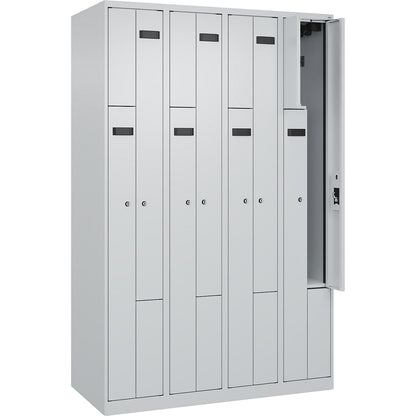 Evolo PLUS Z-locker, 4 compartments, light grey, W 1200 mm, 8 compartments, with floor glides, cylinder lock.