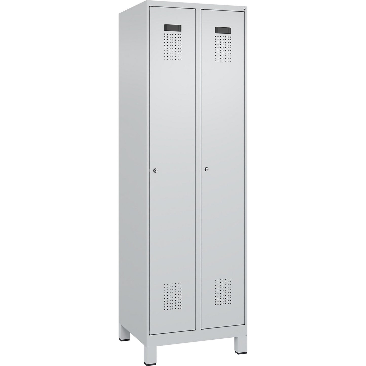 Evolo PLUS clean and dirty clothes locker, narrow, 2 compartments, shortened centre divider, light grey, W 600 mm, with wide feet, cylinder lock.