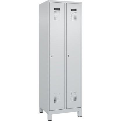 Evolo PLUS clean and dirty clothes locker, narrow, 2 compartments, shortened centre divider, light grey, W 600 mm, with wide feet, cylinder lock.