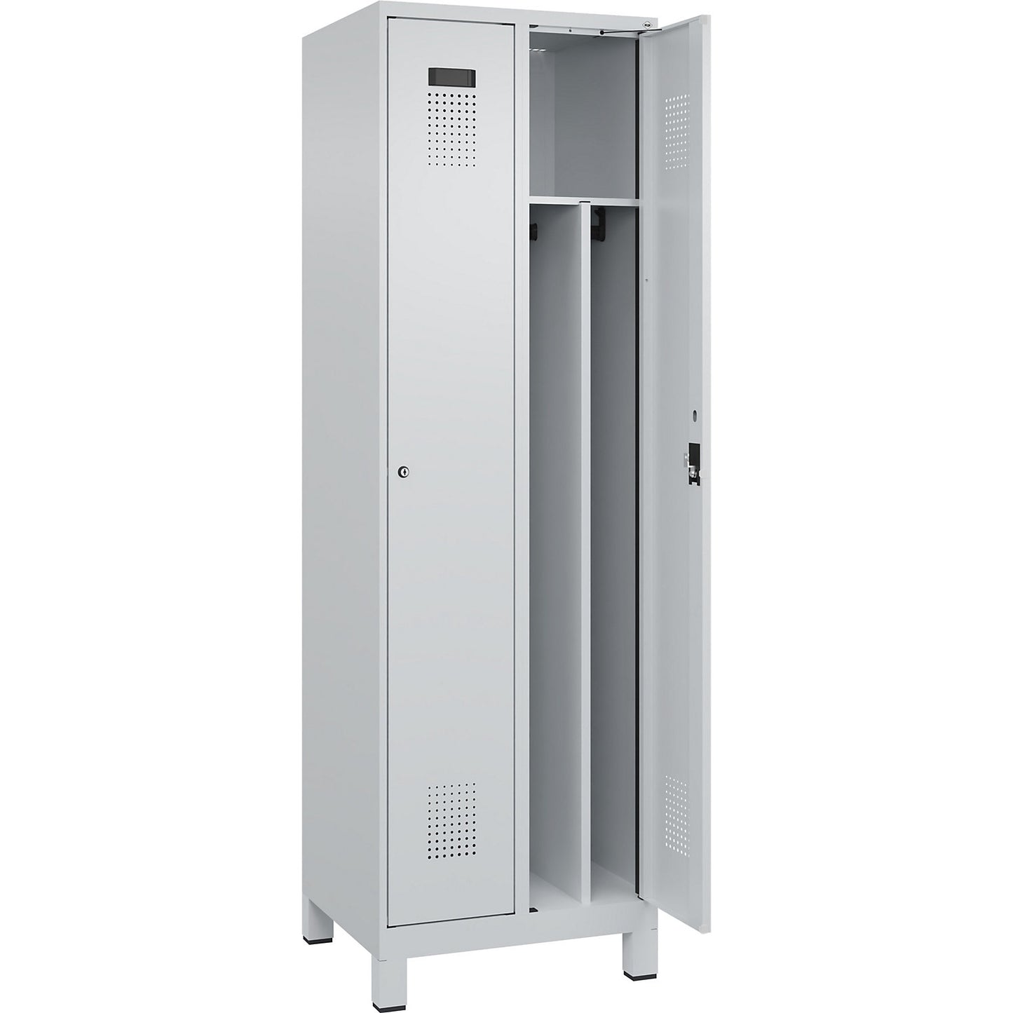 Evolo PLUS clean and dirty clothes locker, narrow, 2 compartments, shortened centre divider, light grey, W 600 mm, with wide feet, cylinder lock.
