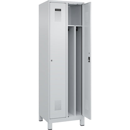 Evolo PLUS clean and dirty clothes locker, narrow, 2 compartments, shortened centre divider, light grey, W 600 mm, with wide feet, cylinder lock.