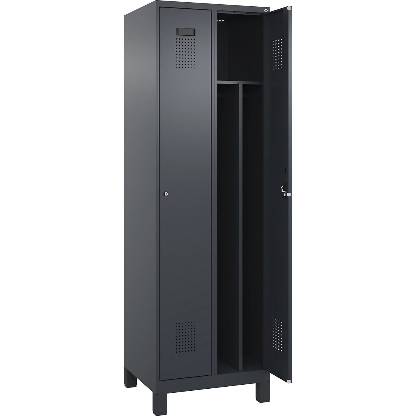Evolo PLUS clean and dirty clothes locker, narrow, 2 compartments, shortened centre divider, grey, W 600 mm, with wide feet, cylinder lock.
