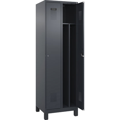 Evolo PLUS clean and dirty clothes locker, narrow, 2 compartments, shortened centre divider, grey, W 600 mm, with wide feet, cylinder lock.
