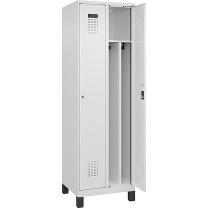 Evolo PLUS clean and dirty clothes locker, narrow, 2 compartments, shortened centre divider, white, W 600 mm, with wide feet, cylinder lock.