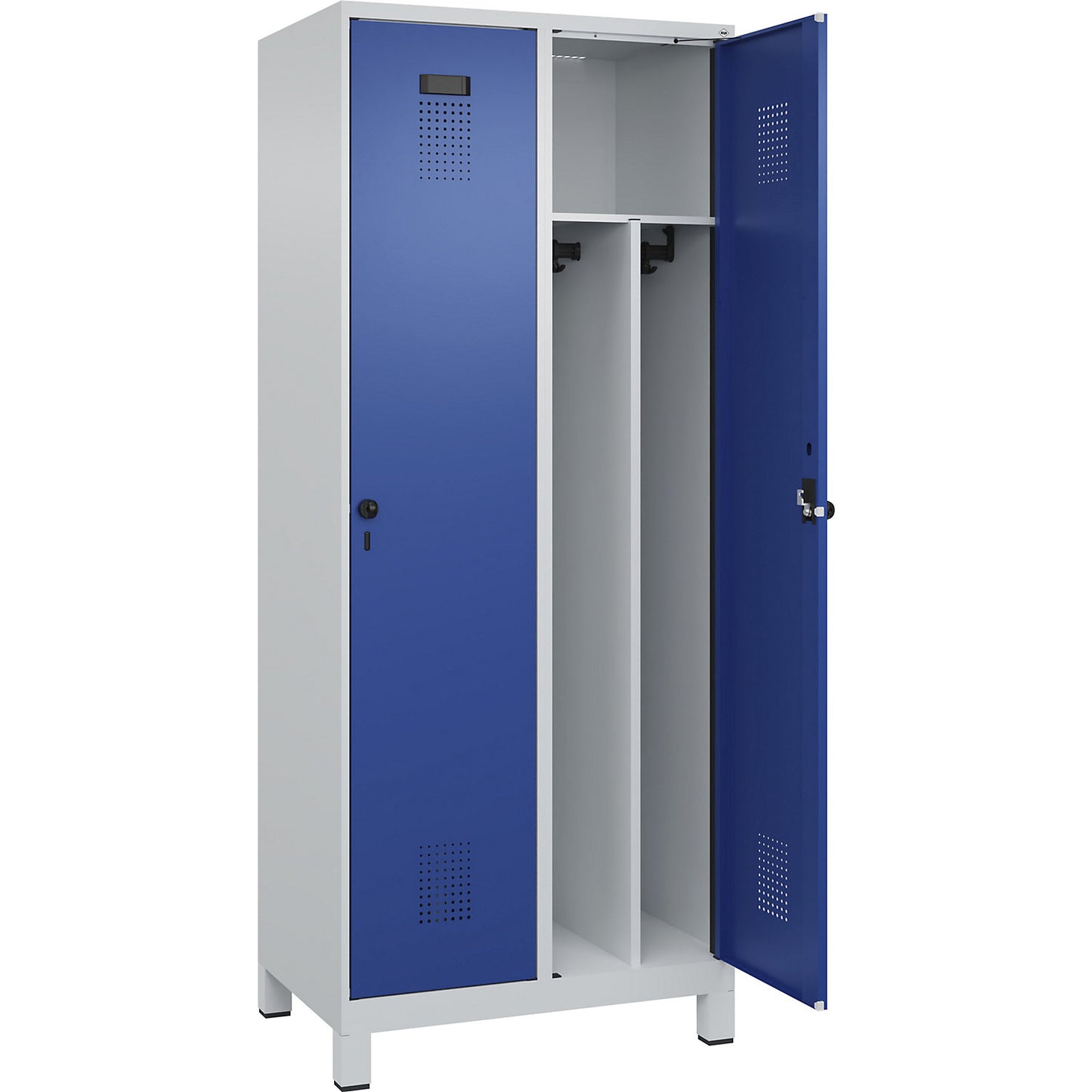 Evolo PLUS clean and dirty clothes locker, narrow, 2 compartments, shortened centre divider, light grey / gentian blue, W 800 mm, with wide feet, security rotary bolt.
