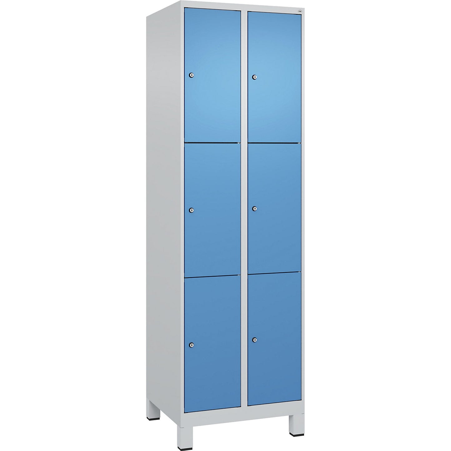 Evolo PLUS 3-fold compartment locker, 2 compartments, light grey / light blue, W 600 mm, 6 compartments, with wide feet, cylinder lock.