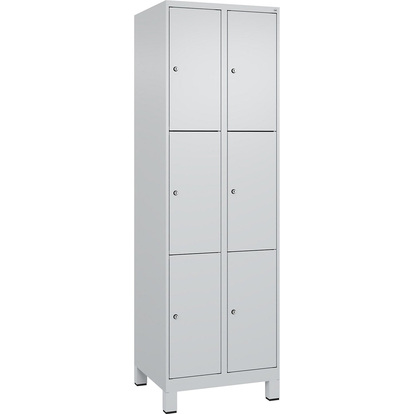 Evolo PLUS 3-fold compartment locker, 2 compartments, light grey, W 600 mm, 6 compartments, with wide feet, cylinder lock.