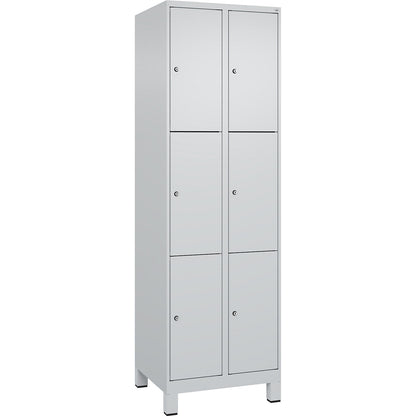 Evolo PLUS 3-fold compartment locker, 2 compartments, light grey, W 600 mm, 6 compartments, with wide feet, cylinder lock.