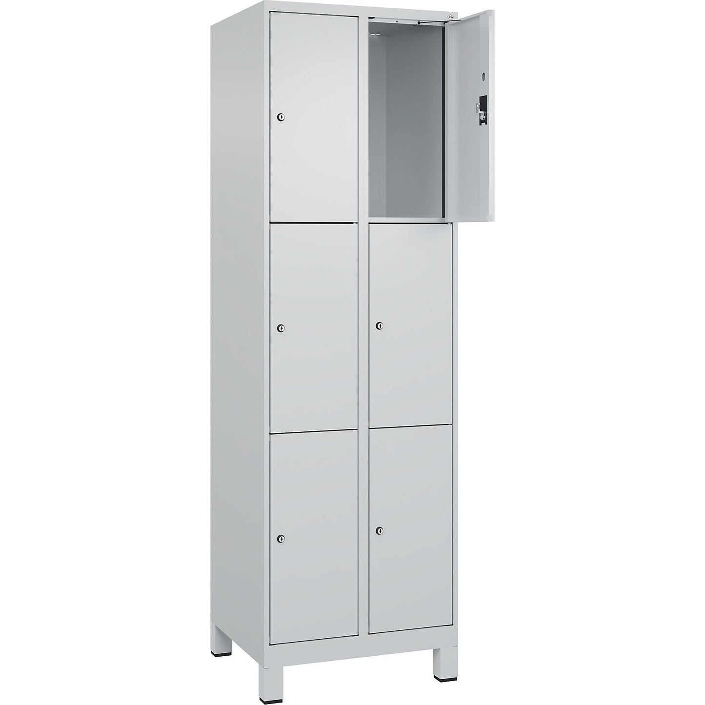 Evolo PLUS 3-fold compartment locker, 2 compartments, light grey, W 600 mm, 6 compartments, with wide feet, cylinder lock.