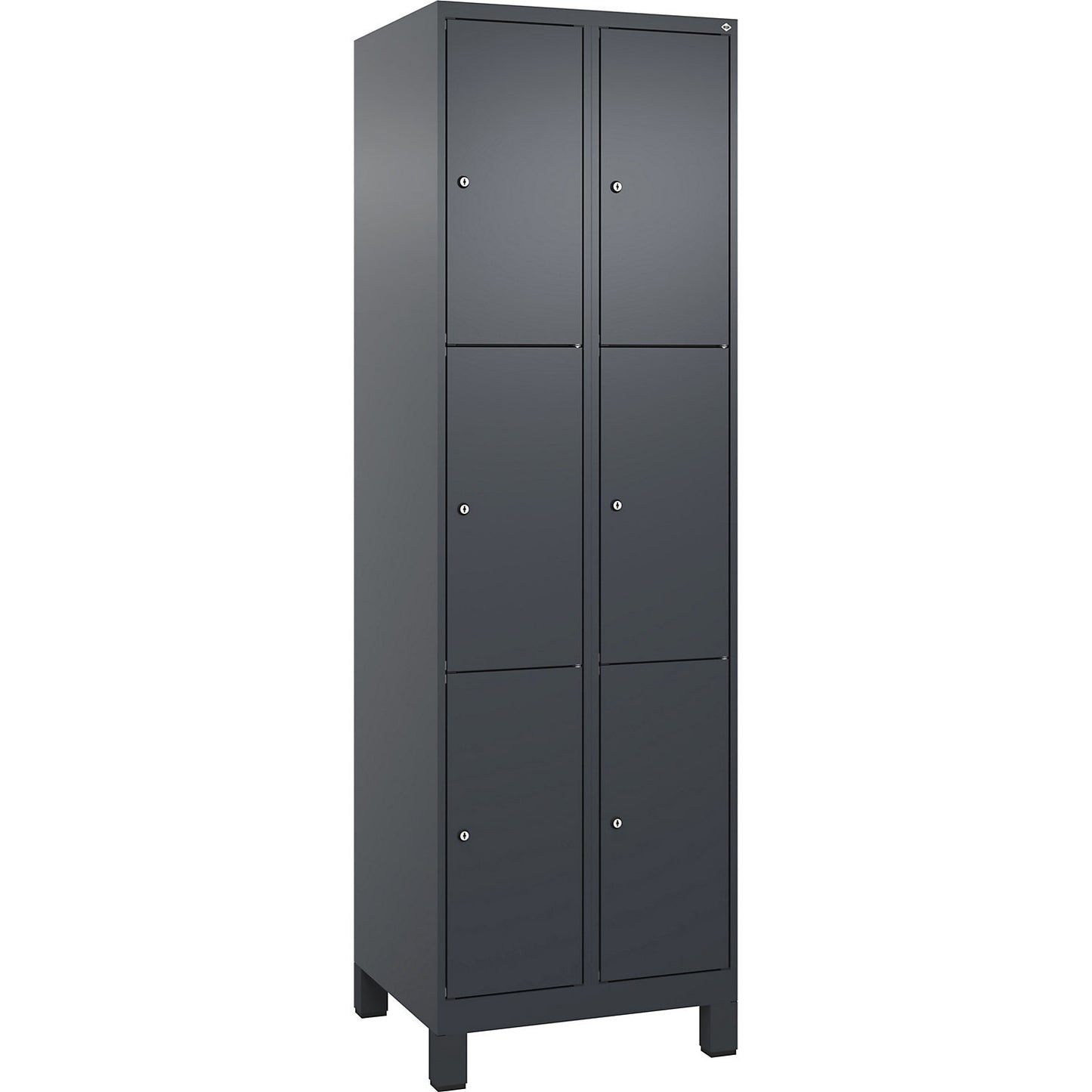 Evolo PLUS 3-fold compartment locker, 2 compartments, grey, W 600 mm, 6 compartments, with wide feet, cylinder lock.