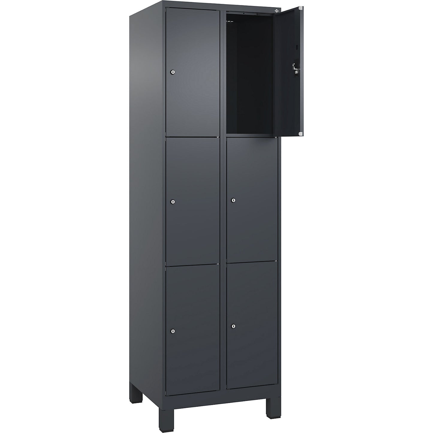 Evolo PLUS 3-fold compartment locker, 2 compartments, grey, W 600 mm, 6 compartments, with wide feet, cylinder lock.