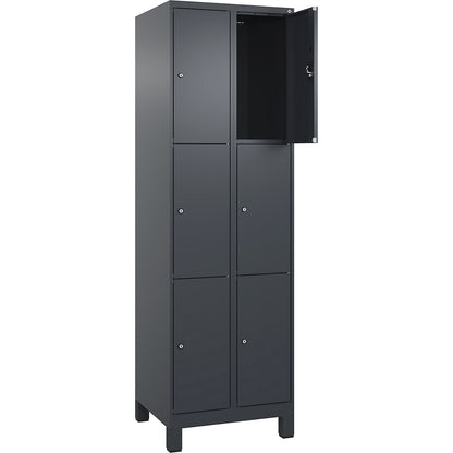 Evolo PLUS 3-fold compartment locker, 2 compartments, grey, W 600 mm, 6 compartments, with wide feet, cylinder lock.