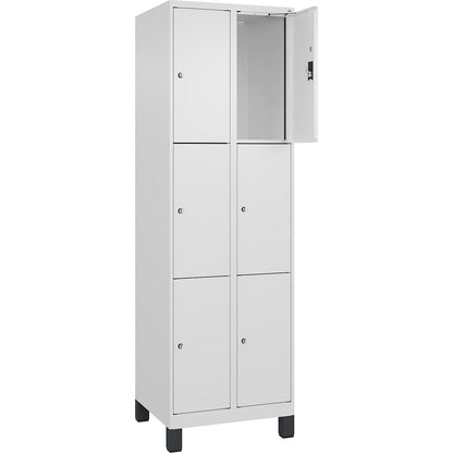 Evolo PLUS 3-fold compartment locker, 2 compartments, white, W 600 mm, 6 compartments, with wide feet, cylinder lock.