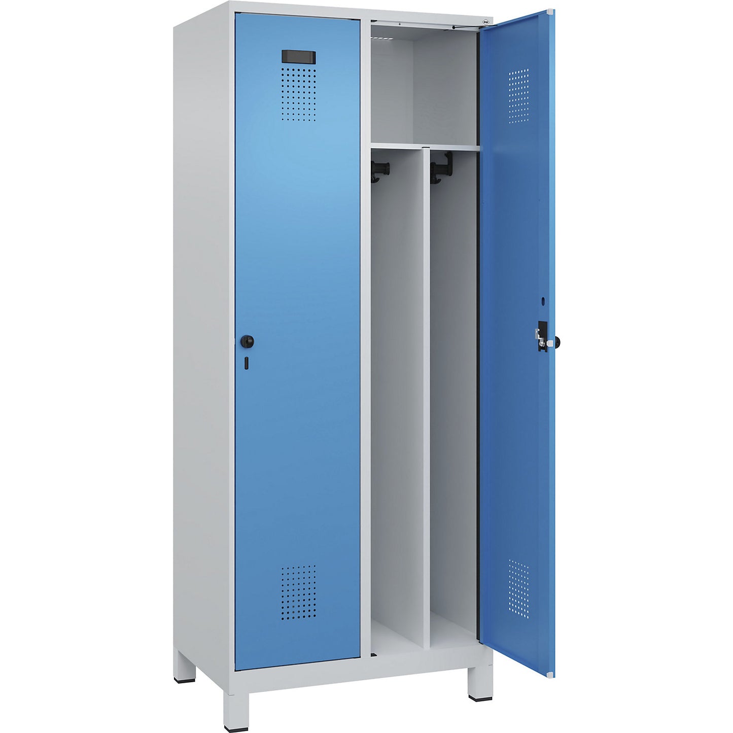 Evolo PLUS clean and dirty clothes locker, narrow, 2 compartments, shortened centre divider, light grey / light blue, W 800 mm, with wide feet, security rotary bolt.
