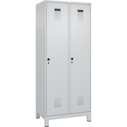 Evolo PLUS clean and dirty clothes locker, narrow, 2 compartments, shortened centre divider, light grey, W 800 mm, with wide feet, security rotary bolt.