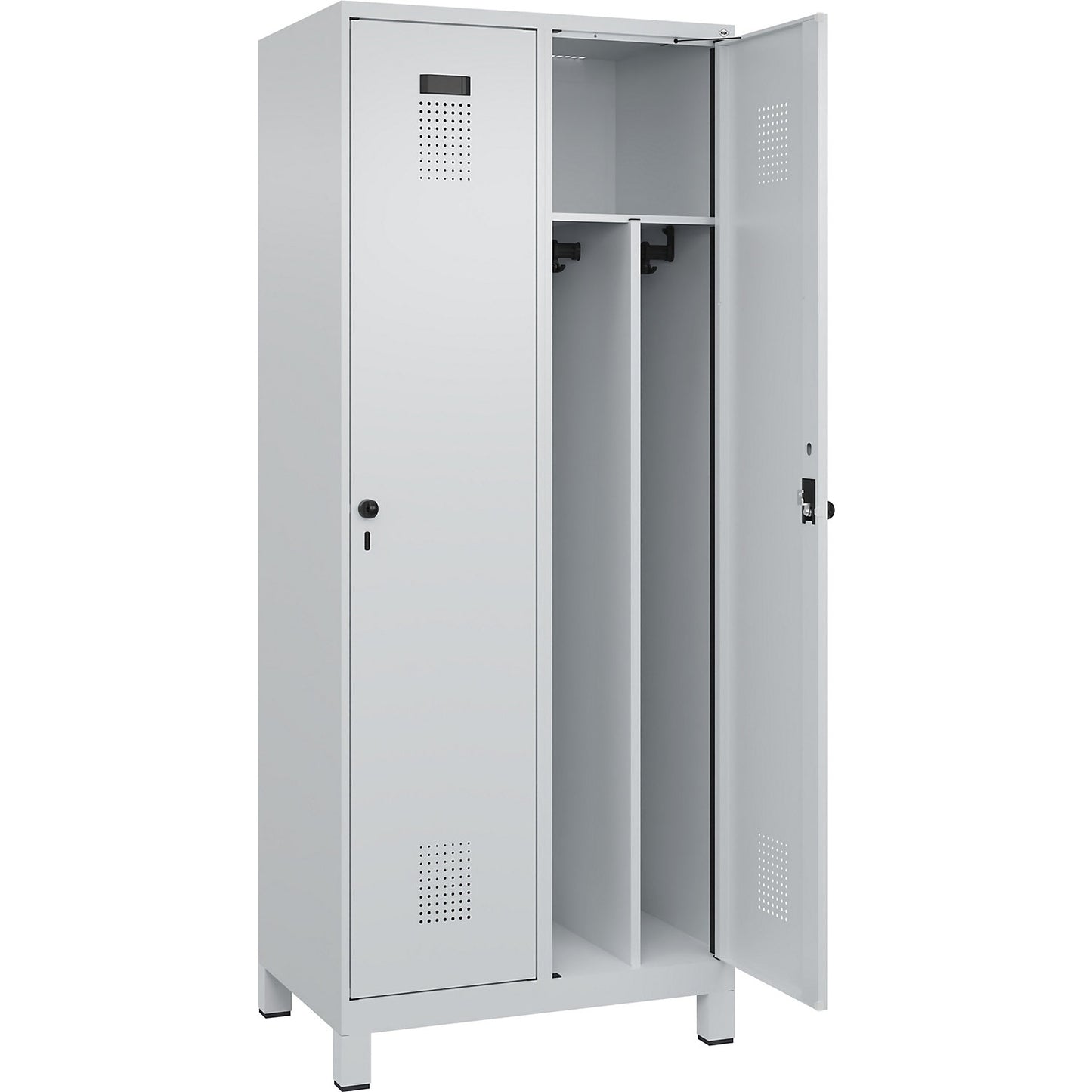 Evolo PLUS clean and dirty clothes locker, narrow, 2 compartments, shortened centre divider, light grey, W 800 mm, with wide feet, security rotary bolt.