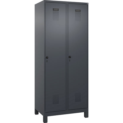 Evolo PLUS clean and dirty clothes locker, narrow, 2 compartments, shortened centre divider, grey, W 800 mm, with wide feet, security rotary bolt.