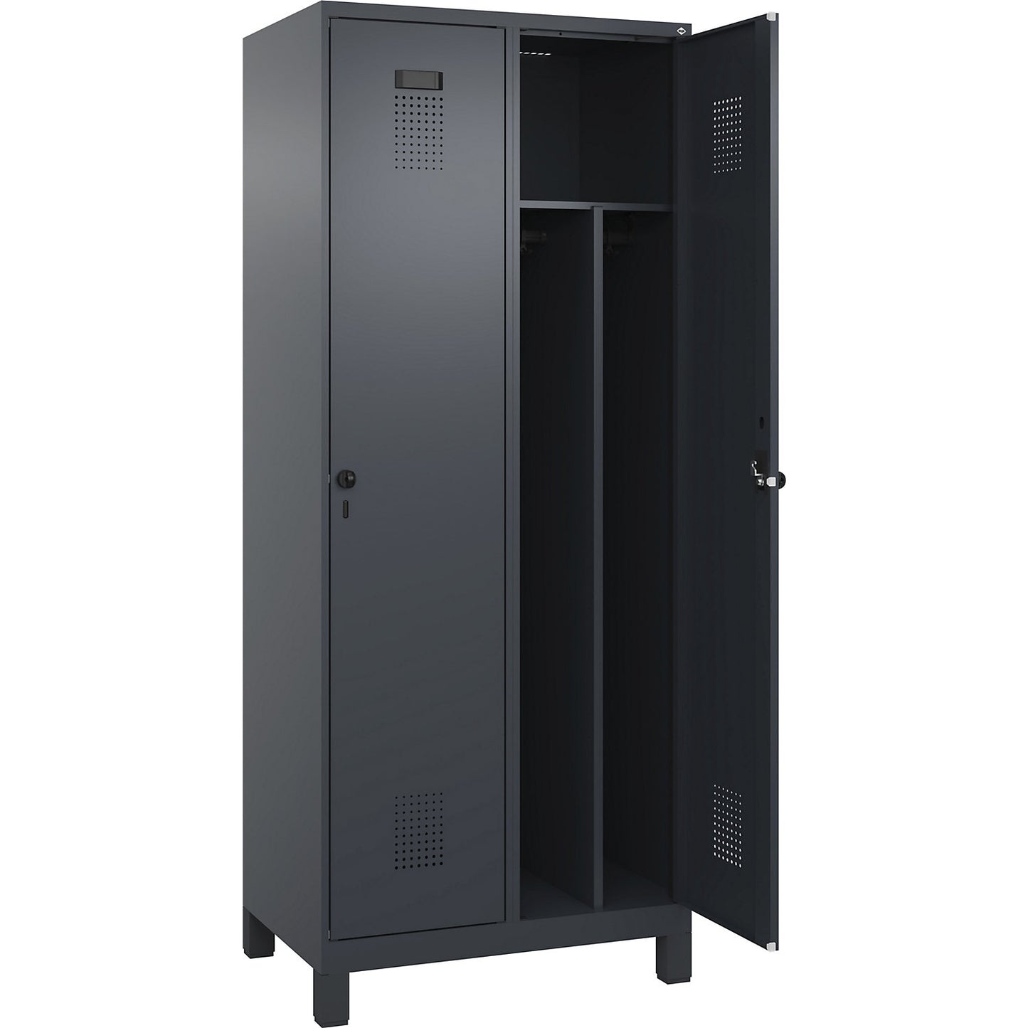 Evolo PLUS clean and dirty clothes locker, narrow, 2 compartments, shortened centre divider, grey, W 800 mm, with wide feet, security rotary bolt.