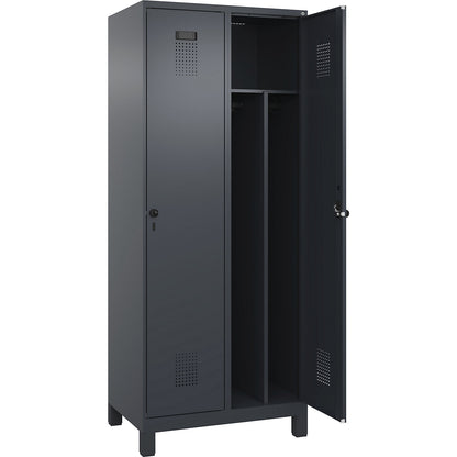 Evolo PLUS clean and dirty clothes locker, narrow, 2 compartments, shortened centre divider, grey, W 800 mm, with wide feet, security rotary bolt.