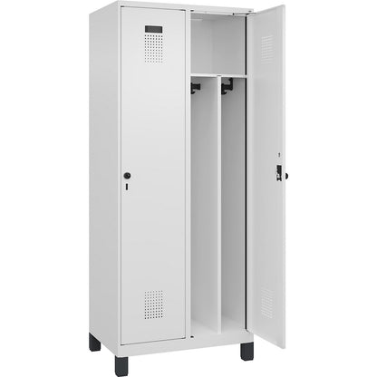 Evolo PLUS clean and dirty clothes locker, narrow, 2 compartments, shortened centre divider, white, W 800 mm, with wide feet, security rotary bolt.