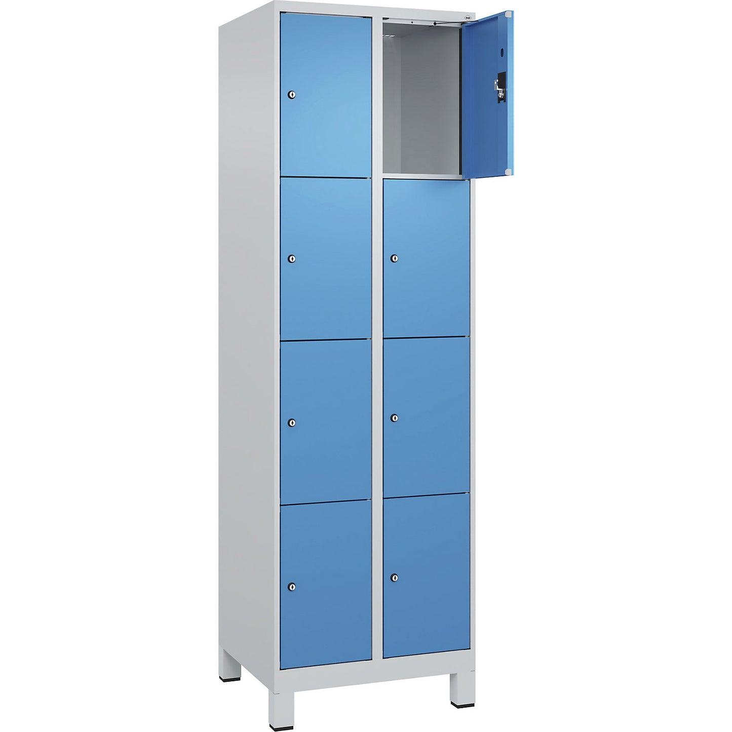 Evolo PLUS 4-fold compartment locker, 2 compartments, light grey / light blue, W 600 mm, 8 compartments, with wide feet, cylinder lock.