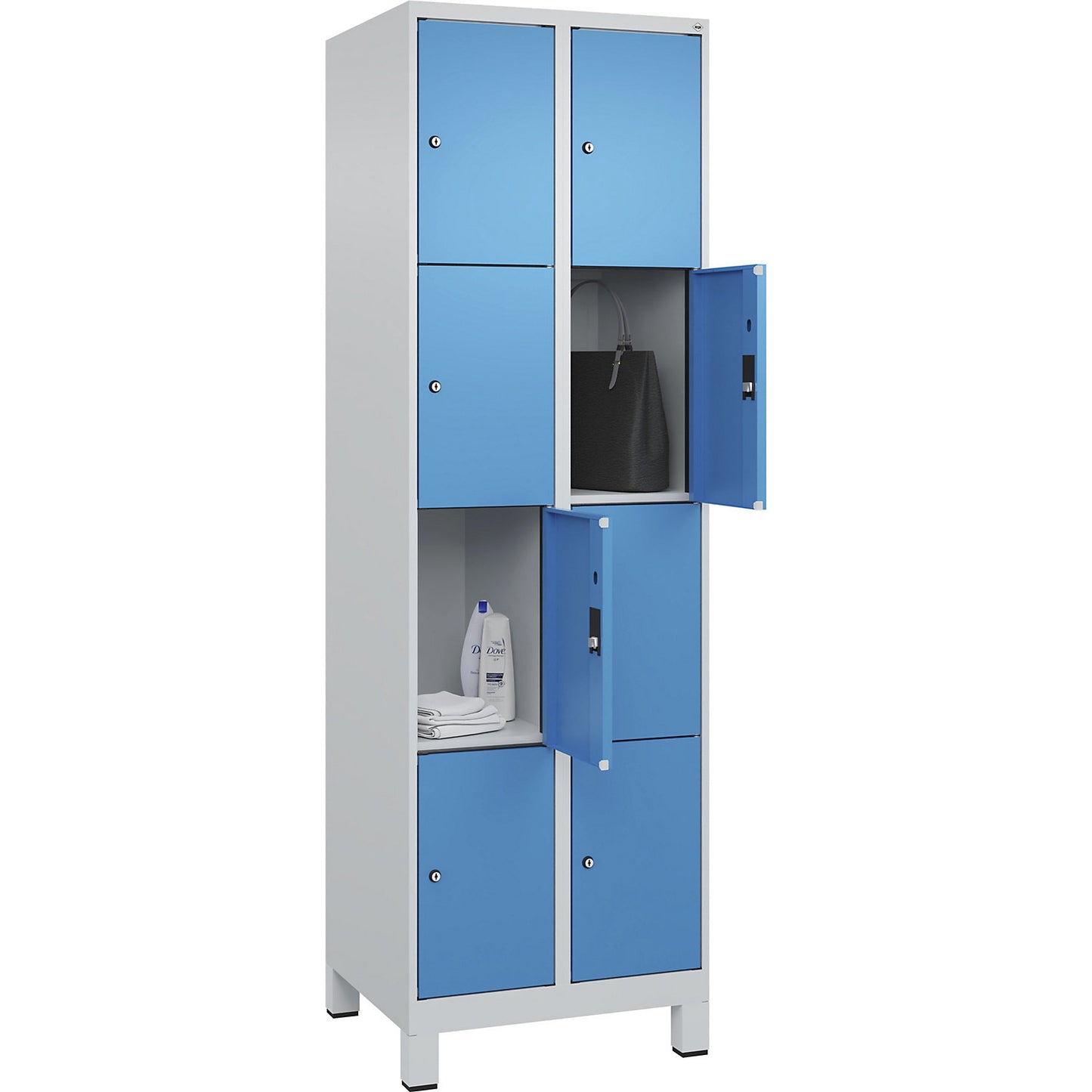 Evolo PLUS 4-fold compartment locker, 2 compartments, light grey / light blue, W 600 mm, 8 compartments, with wide feet, cylinder lock.