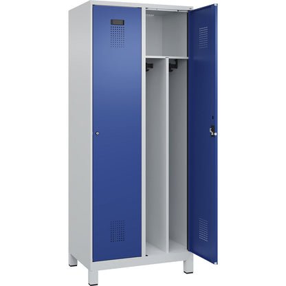 Evolo PLUS clean and dirty clothes locker, narrow, 2 compartments, shortened centre divider, light grey / gentian blue, W 800 mm, with wide feet, cylinder lock.